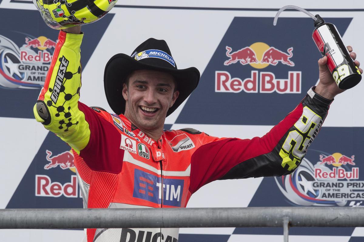 MotoGP 2016 n. 29 Andrea Iannone of Italy and Ducati Team celebrates the third place on the podium portrait during the 2016 Season of World Motorcycle Championship during Austin GP in Circuit of The Americas in Austin Texas USA Â© 2016 mirco lazzari mircolazzari@yahoo.it