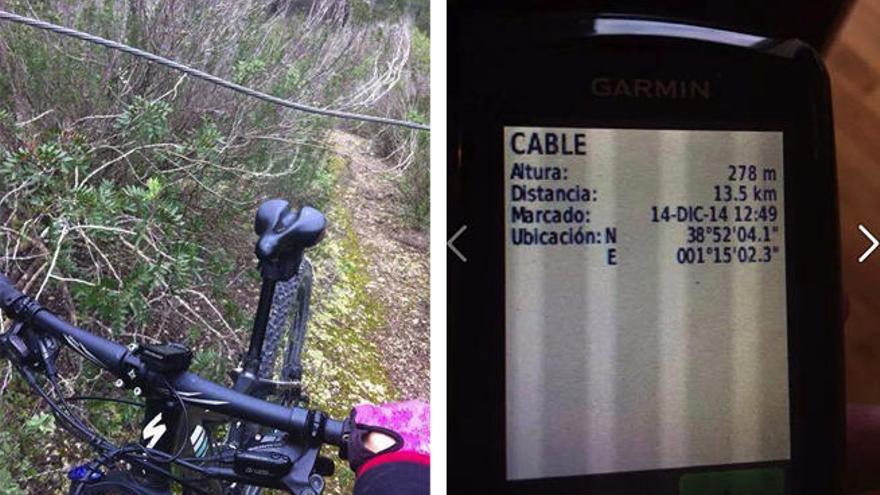 El cable, visto desde una de las bicicletas del grupo y, a la derecha, las coordenadas en un GPS.