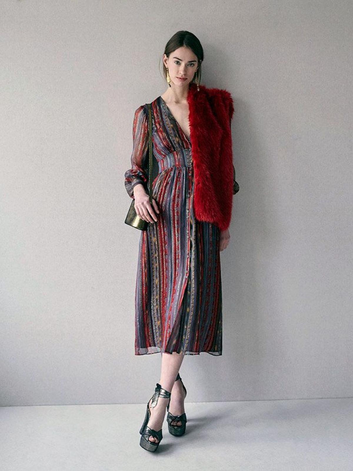Vestido midi de seda con detalles de lúrex, Intropia