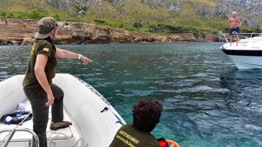 Dos agentes medioambientales controlan un fondeo de posidonia.