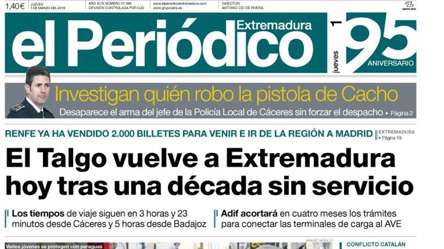 Esta es la portada de EL PERIÓDICO EXTREMADURA correspondiente al día 01 de marzo del 2018.