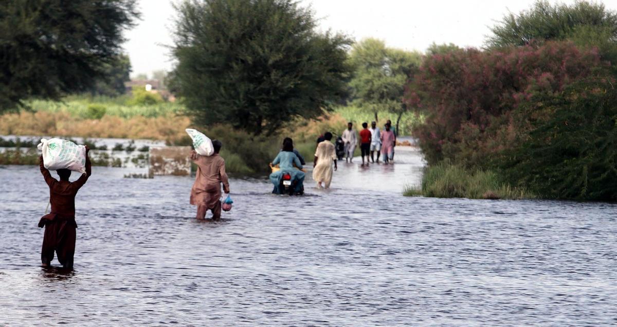 Víctimas de las inundaciones evacuan zonas inundadas del distrito de Sanghar en la provincia pakistaní de Sindh.EFE/EPA/NADEEM KHAWAR