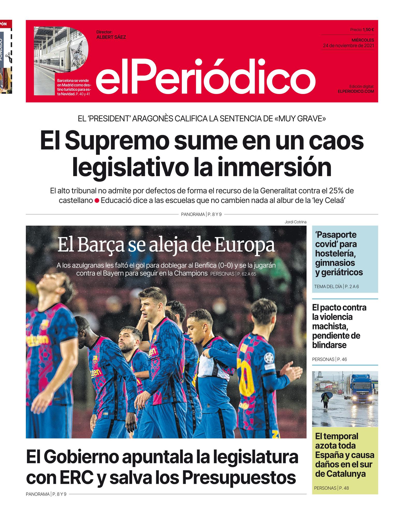 La portada de EL PERIÓDICO del 24 de noviembre del 2021