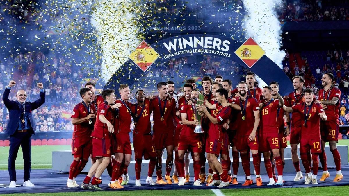 La selección española celebra la conquista de la Liga de las Naciones del pasado verano en Países Bajos.