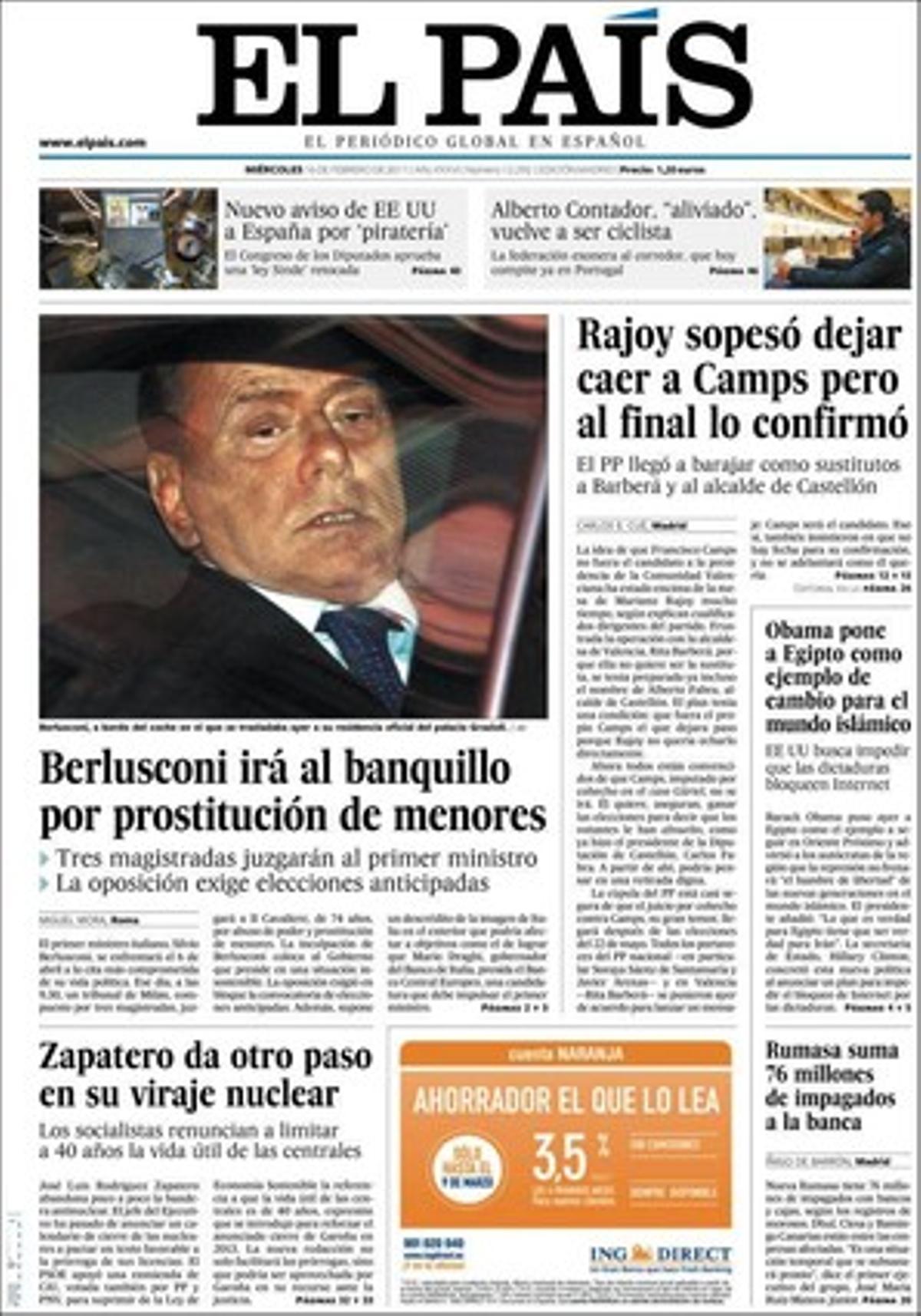 ’El País’ destaca a més que el PP estén al Govern el cas dels falsos ERO de la Junta andalusa, que Espanya demana el plàcet del Vaticà per a la seva primera ambaixadora i que la ministra Trinidad Jiménez recolza que Rabat negociï la pesca del Sàhara. També que el PIB espanyol del 2010 tanca per sota de la mitjana de la UE per primera vegada en 16 anys i que Artur Mas ha nomenat el germà de Felip Puig i tres dones de dirigents de CiU per a càrrecs de responsabilitat.