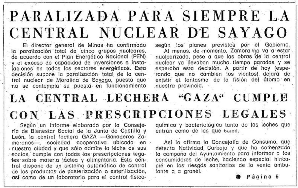Noticia sobre la paralización del proyecto nuclear en Sayago