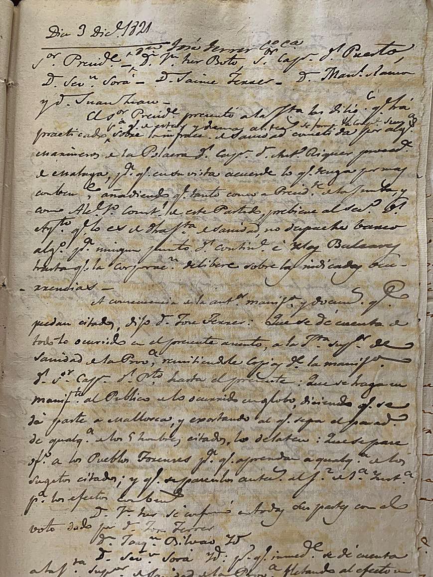 Actes de Sanitat on es recullen part dels fets ocorreguts el vespre de l&#039;1 de desembre de 1821