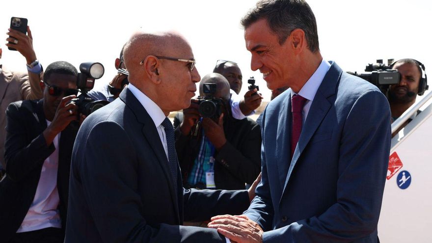 El president del Govern d’Espanya, Pedro Sánchez, i el de Mauritània, Mohamed Ould Ghazouani, ahir.