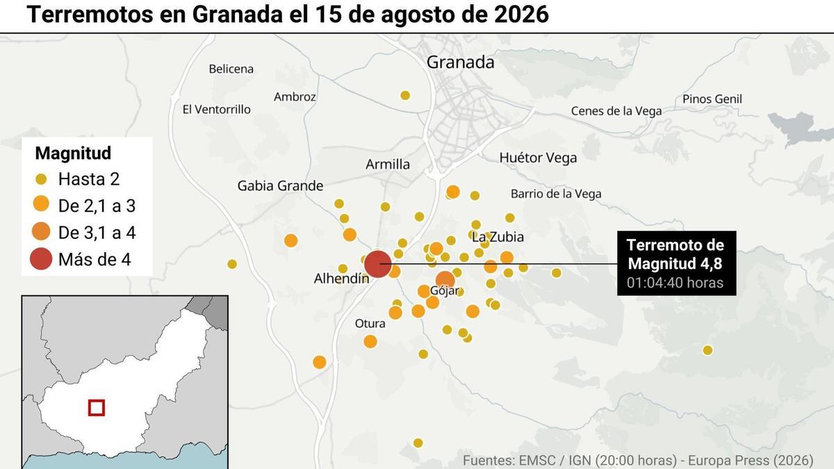 Mapa con localización del terremoto y sus réplicas en Granada.