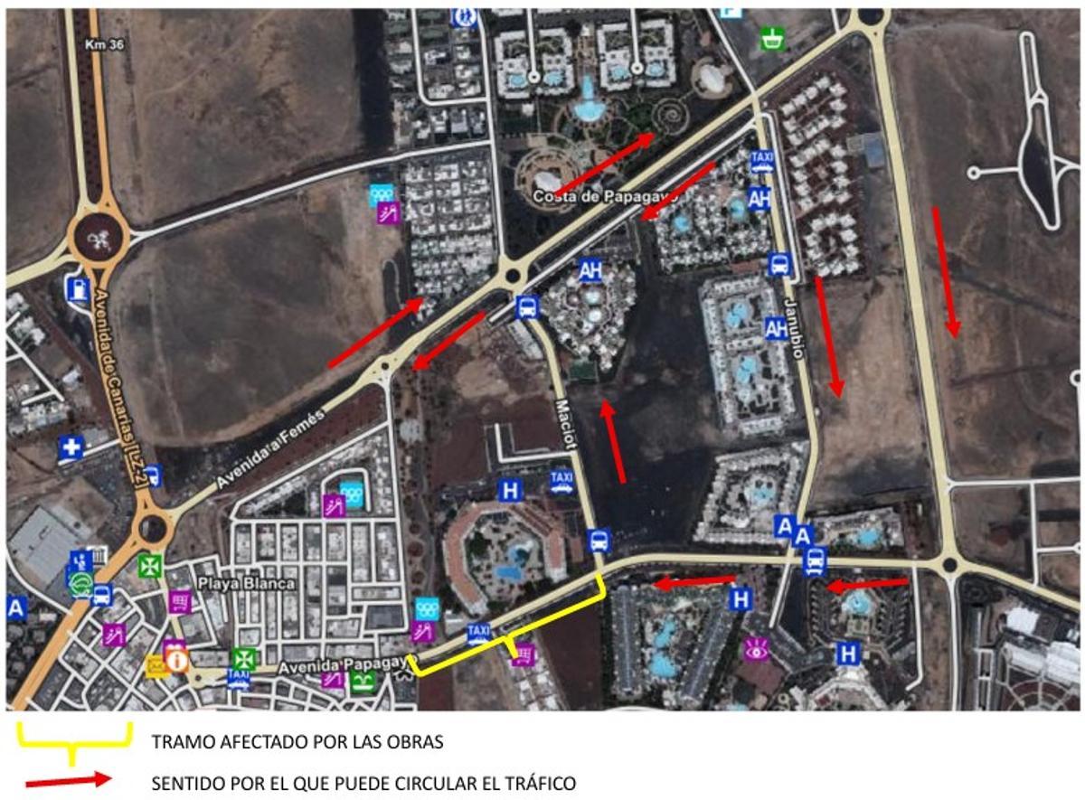 Mapa de cambios de tráfico en Playa Blanca (Yaiza), por obras en la Avenida Papagayo, en el sur de Lanzarote