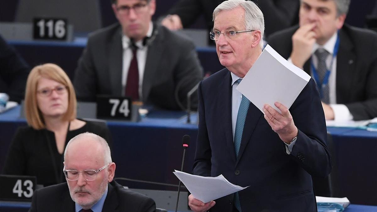 El negociador europeo del 'brexit', Michel Barnier, en su comparecencia ante el Parlamento Europeo, en Estrasburgo.