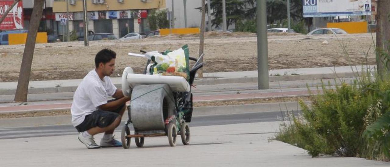 Un joven carga en un carro desperdicios en una zona de expansión urbana de Alzira. | V. M. PASTOR