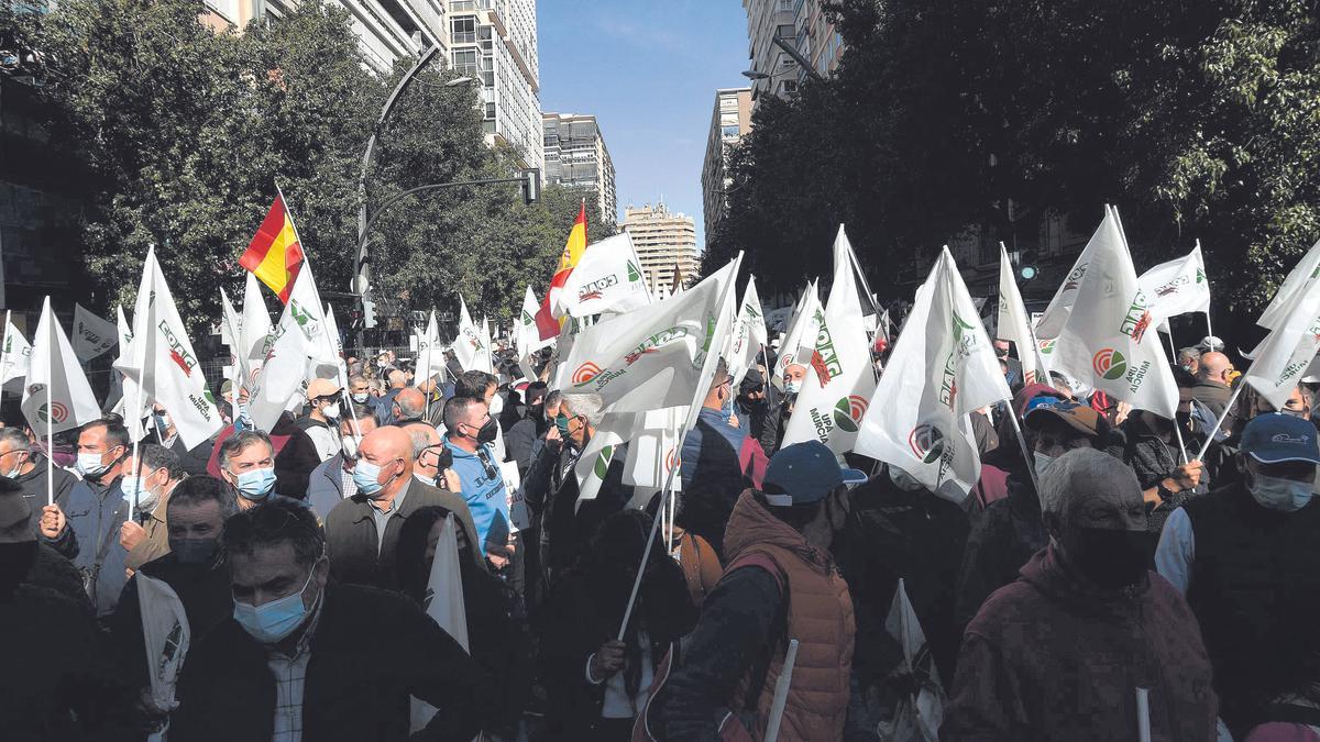 La Gran Vía de Murcia, ayer, llena de agricultores y ganaderos.