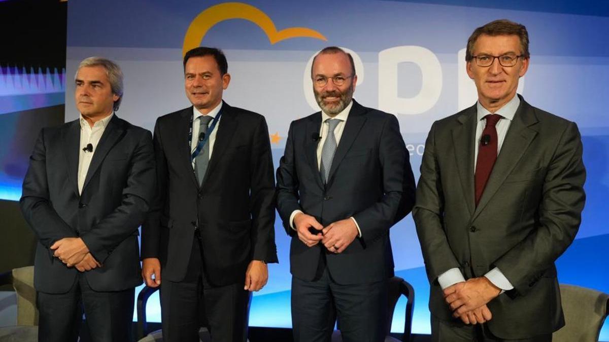 Feijóo junto Manfred Weber y Luís Montenegro en Lisboa.