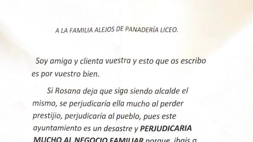 Nota anónima recibida en el negocio familiar de  la portavoz del PSOE en Villalpando.