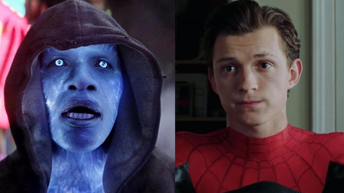 Jaime Foxx como Electro y Tom Holland como Spider-Man.