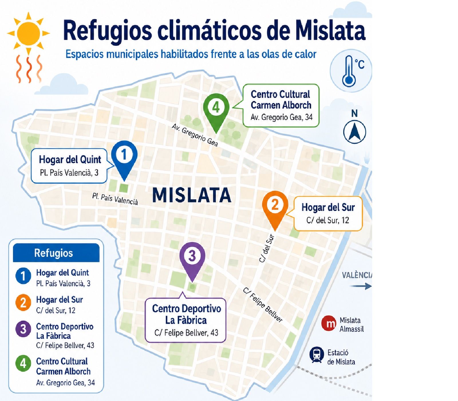La localización de los refugios climáticos de Mislata