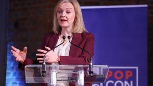 La ex primera ministra británica Liz Truss, este martes durante la presentación de la plataforma Popular Conservatives.