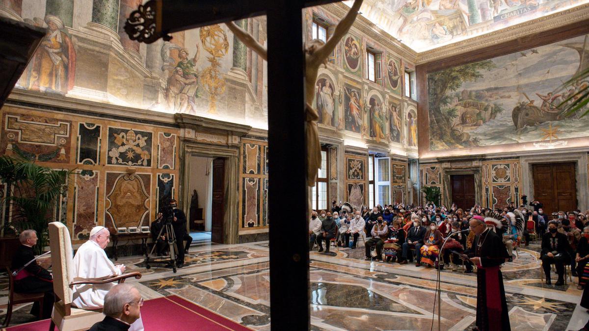 Pope Francis meets indigenous delegations from Canada at the Vatican