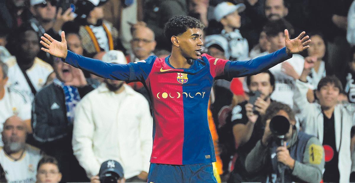 Lamine Yamal celebra el gol que marcó al Real Madrid en el Bernabéu la pasada temporada.
