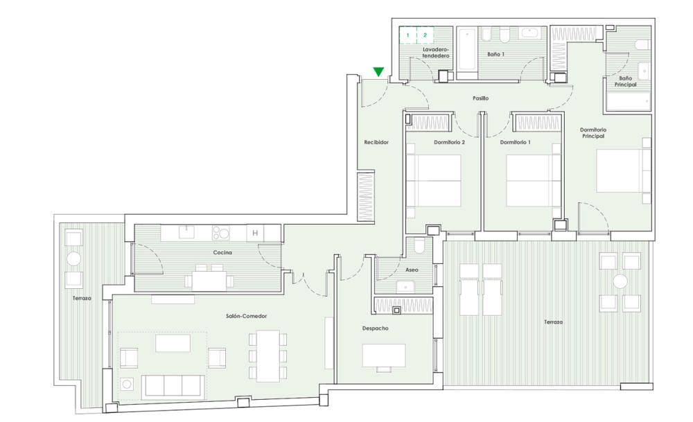 Piso de 4 Dormitorios. 115,63 m2 útiles. 160,76 m2 construidos. Dos plazas de garaje. Trastero. Terraza. Desde 454.000€