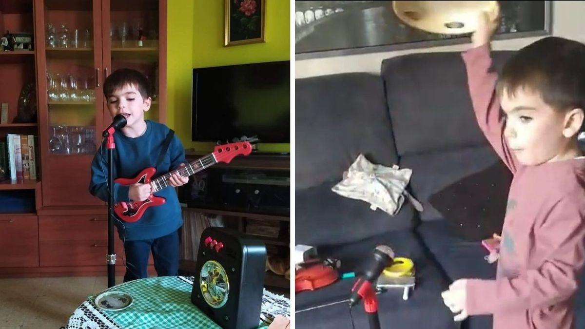Momento de Mateo mientras interpreta &quot;Terra&quot; con la pandereta (foto derecha), frente al micro. En otro momento, esta vez con guitarra en mano (foto izquierda).