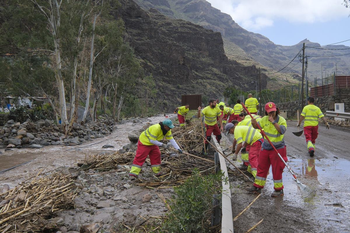 Operarios limpian los destrozos de la borrasca en Arguineguín.