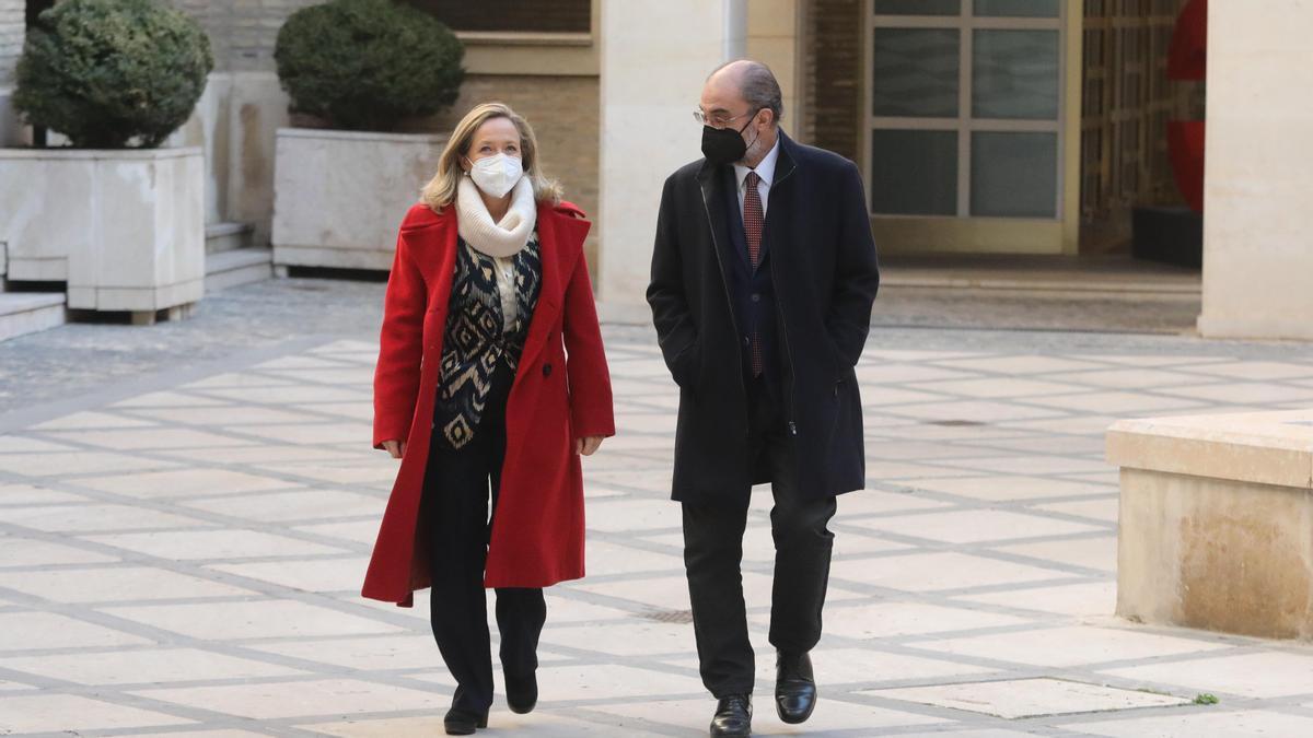 Reunión de Nadia Calviño y Javier Lambán, con los empresarios aragoneses, para hacer balance de la gestión de los fondos.