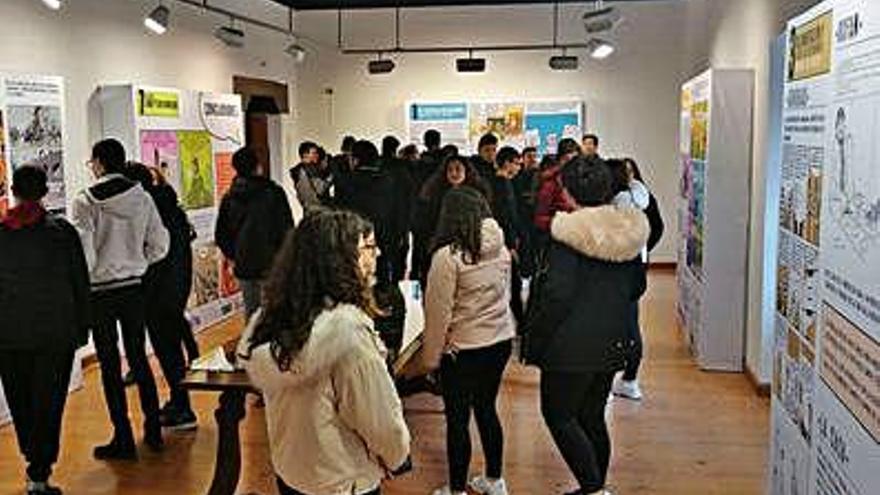 Estudiantes de los dos institutos admiran la exposición de Roca en en la Casa Municipal de Cultura