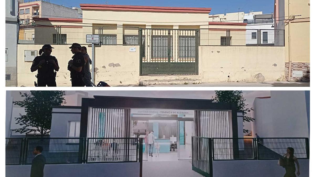 Imagen actual de la fachada de la tenencia de alcaldía sur (arriba) y cómo quedará tras la remodelación (abajo).