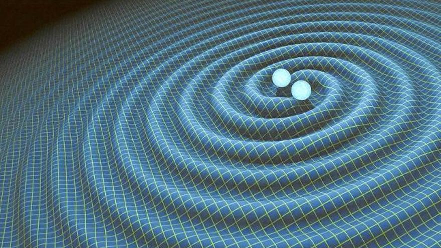 Imatge generada per ordinador que mostra les ones gravitatòries formades per dos neutrons binaris