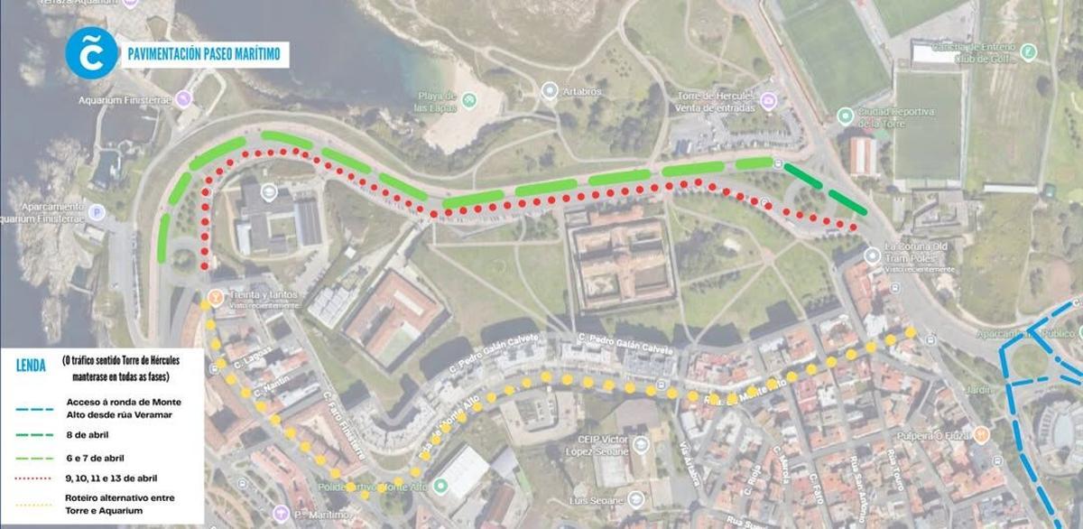 Desvíos por las obras de pavimentación del paseo marítimo entre la Torre de Hércules y el Aquarium Finisterrae.