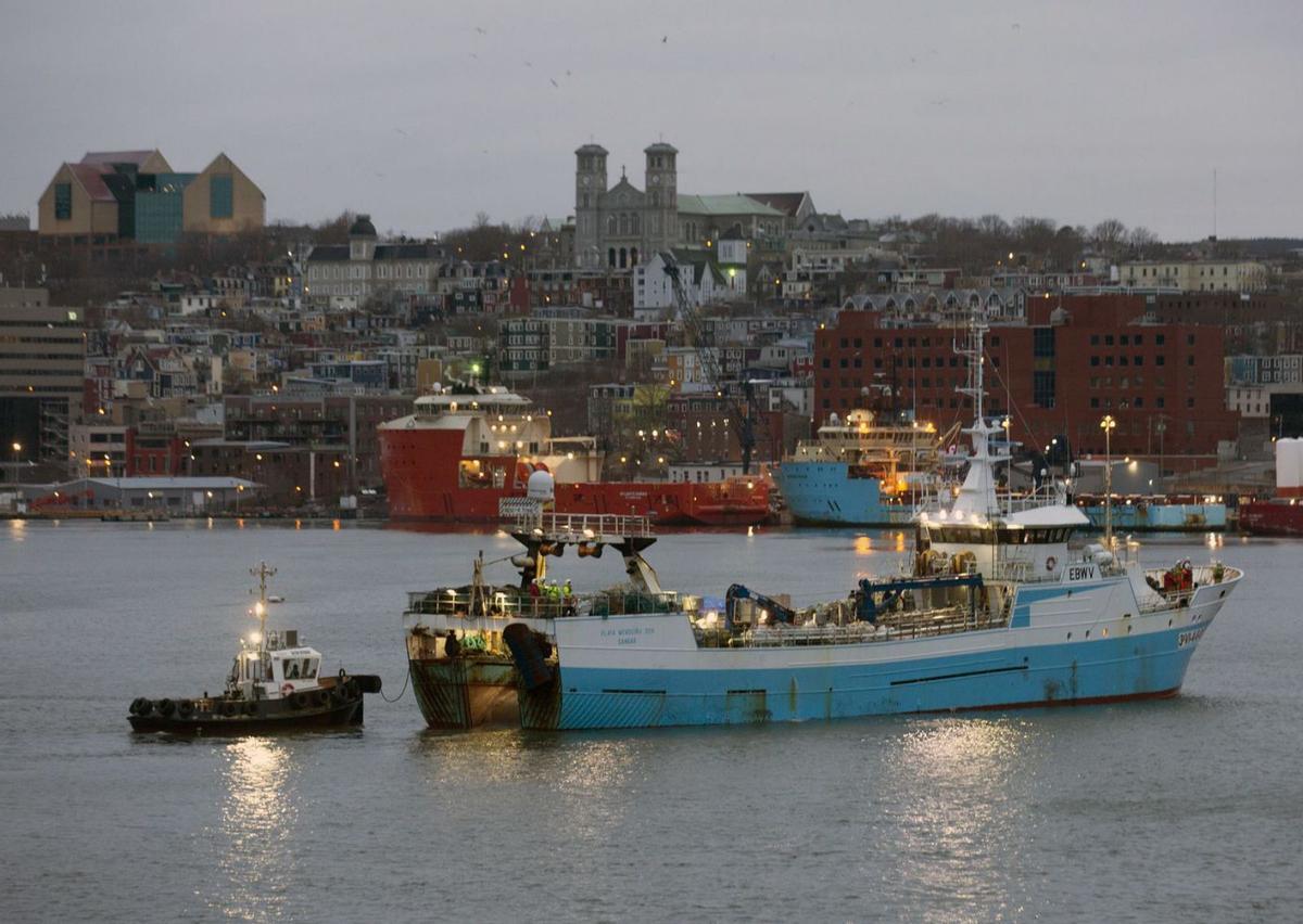 El «Playa Menduiña Dos», a su llegada a Canadá con cadáveres y supervivientes del «Pitanxo». |  P.D.