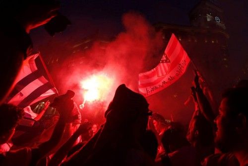 Los aficionados del Atlético celebran la Liga en Madrid