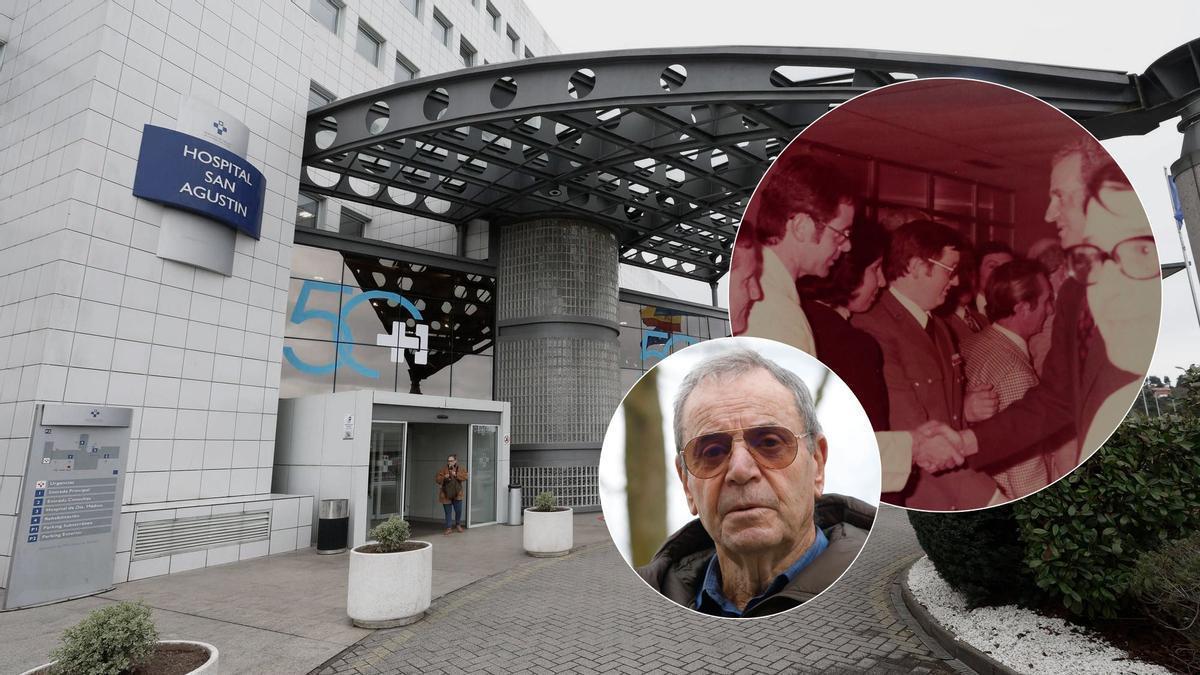 Entrada al Hospital San Agustín de Avilés. En los círculos, Rafael Luis García en la actualidad y en la inauguración del hospital con el Rey Juan Carlos.