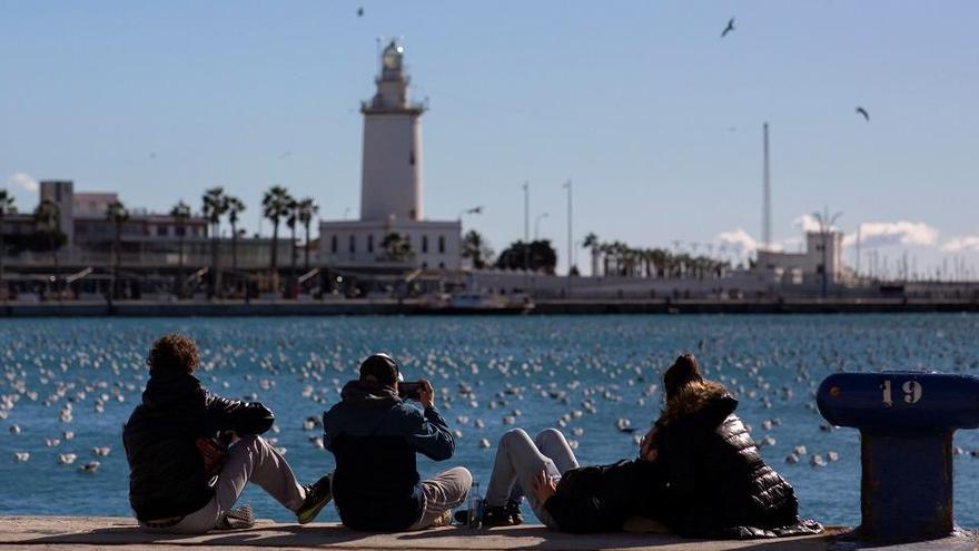 Jóvenes en el puerto de Málaga, este viernes.