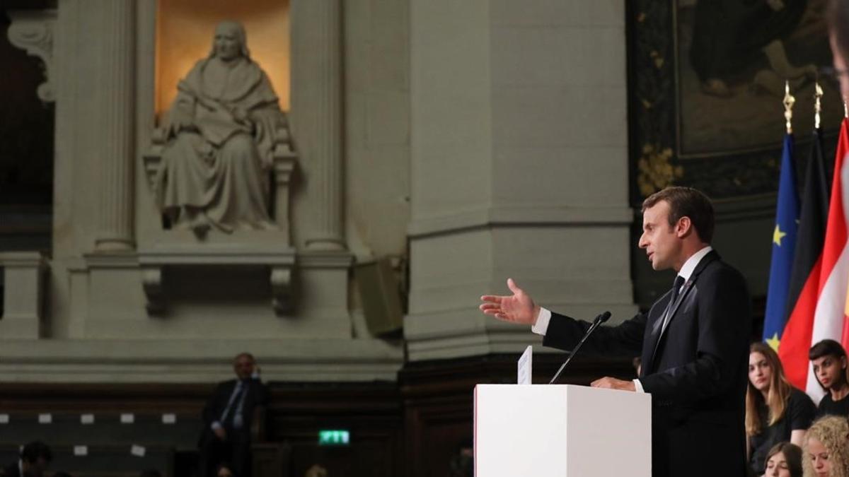 El presidente francés Emmanuel Macron, durante su discurso en la Universidad de La Sorbona, en París.