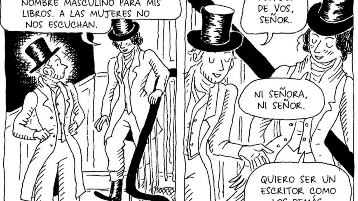 Arriba, viñetas del cómic, con George Sand vestida de hombre.  A la izquierda, la dibujante Kim Consigny.