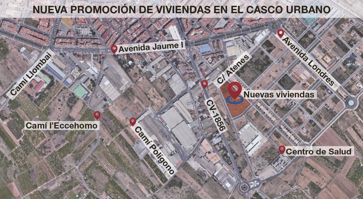 Ubicación de la nueva promoción de viviendas, en la calle Atenas de Burriana.