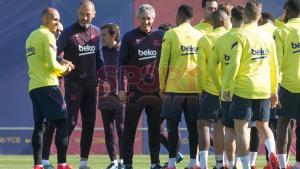 Martin Braithwaite entrena por primera vez con  su nuevo equipo el FC Barcelona en la Ciutat Esportiva Joan Gamper.