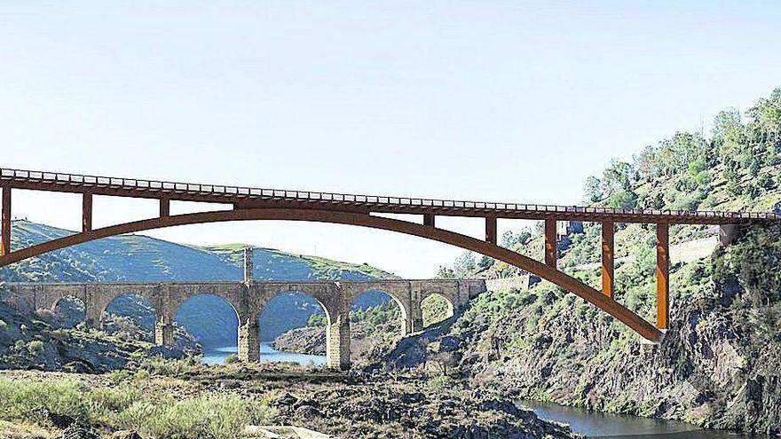 Recreación del nuevo viaducto, en primer plano, que canalizará la circulación que ahora pasa por el Puente Romano de Alcántara, al fondo.