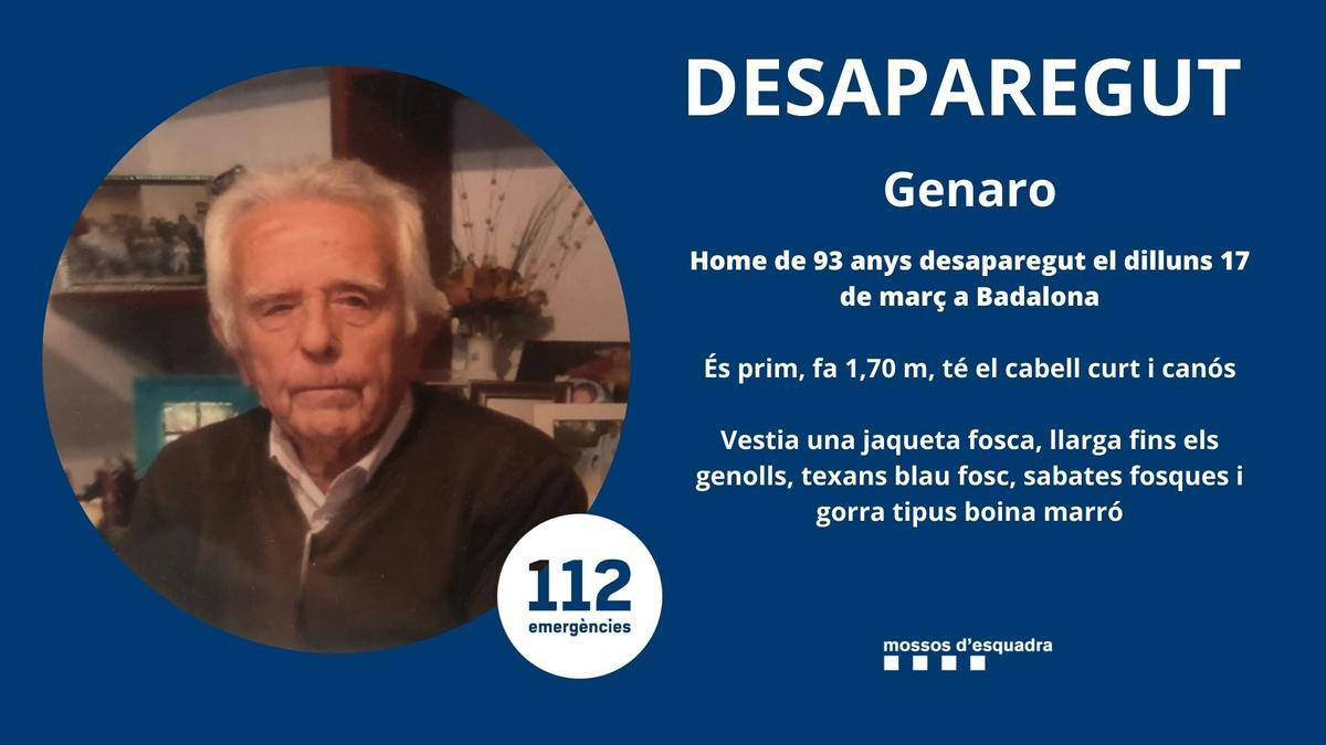 Los Mossos piden ayuda para encontrar a Genaro, desaparecido en Badalona