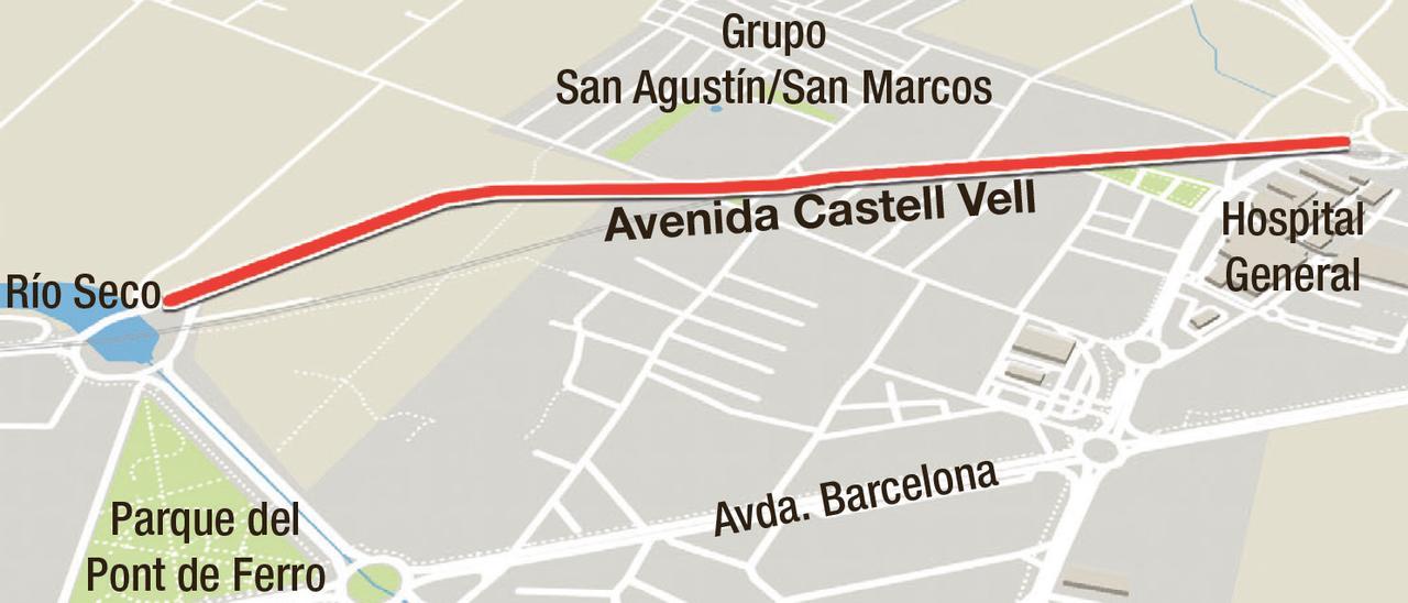 Tramo de la avenida Castell Vell entre la rotonda de la ronda Norte y el Río Seco donde se realizará la actuación urbanística.