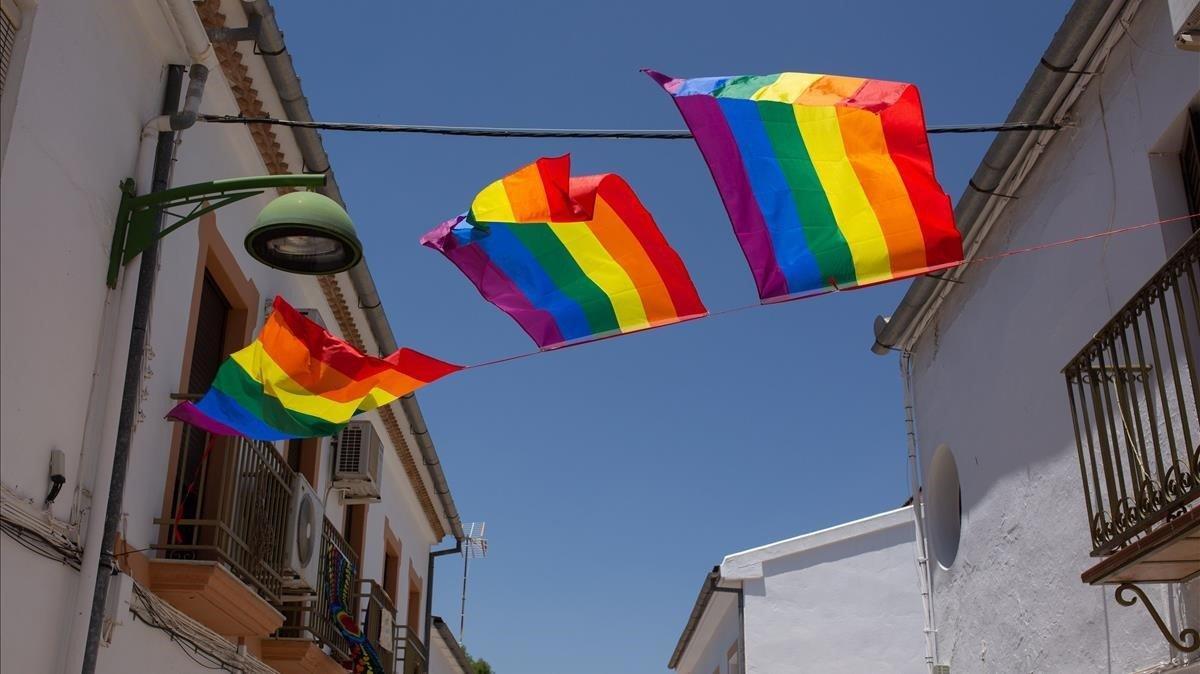 Banderolas multicolor colocadas por los vecinos en Villanueva de Algaidas (Málaga), donde el Ayuntamiento ha retirado la enseña LGTBI que venía luciendo desde hace tres años por el día del Orgullo. 