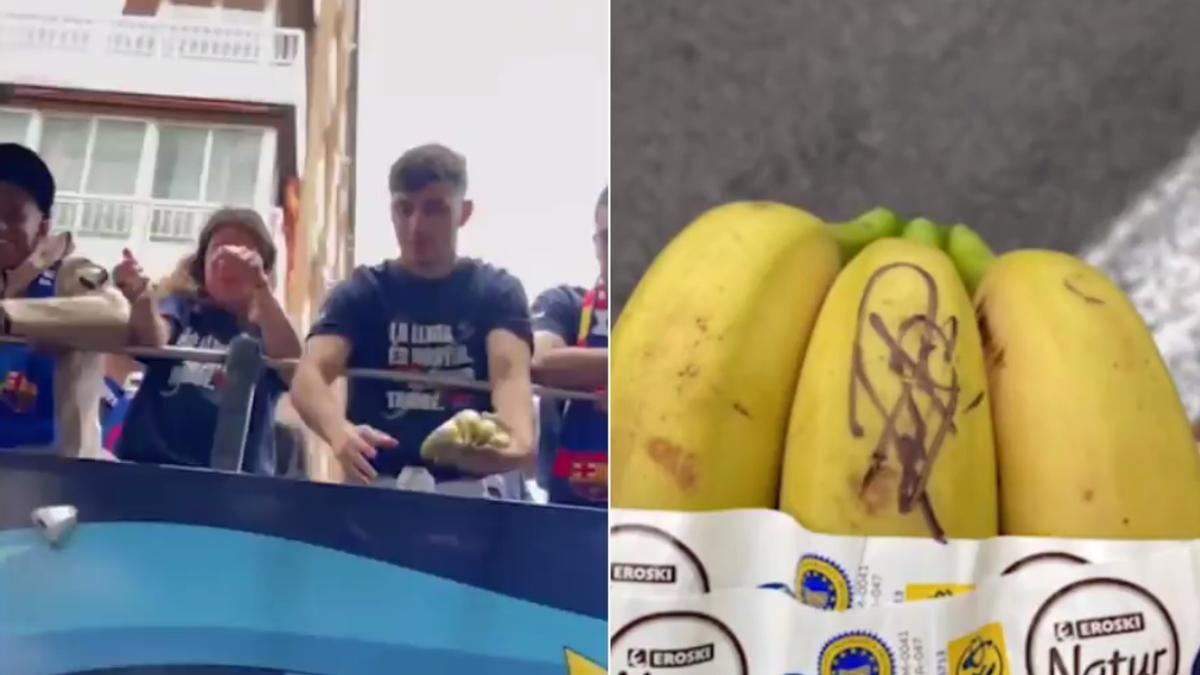 Pedri celebra la Liga con un autógrafo en un racimo de Plátanos de Canarias
