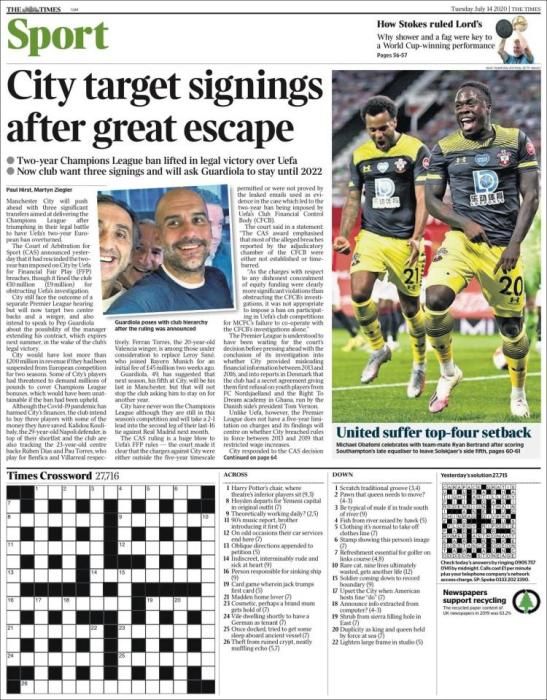 Portada THE TIMES SPORT martes 14 julio 2020