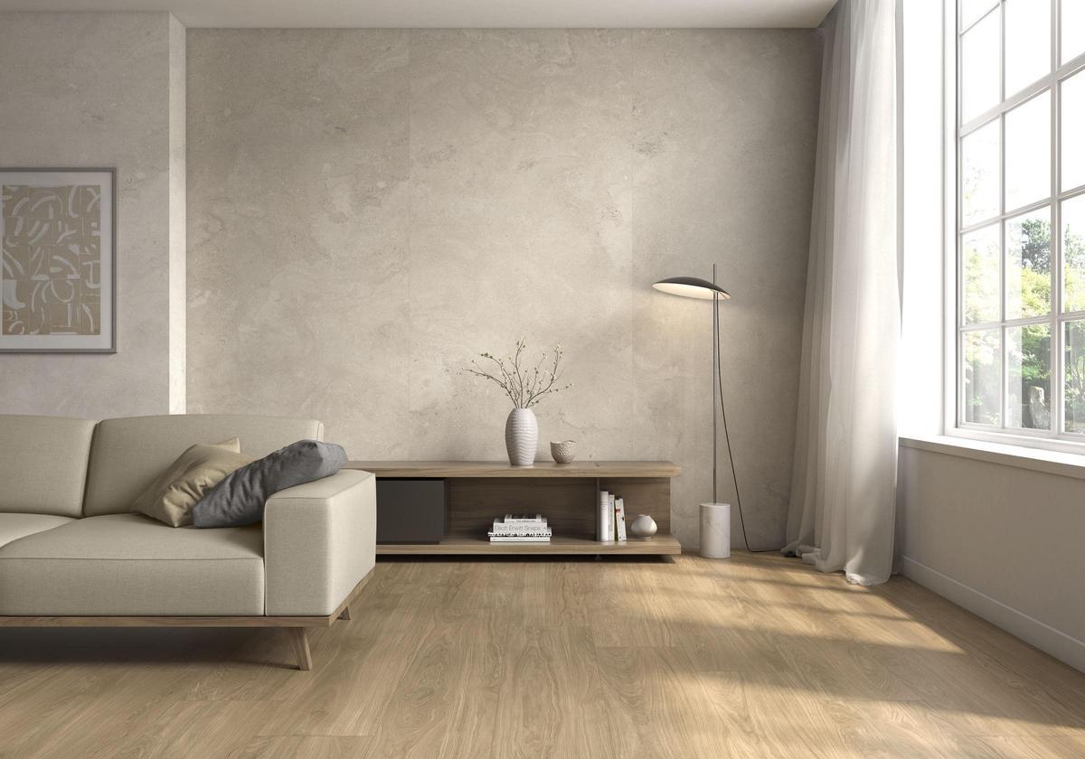 Colección Portland Stone en formato120X280 y Kalon roble de 30X180.