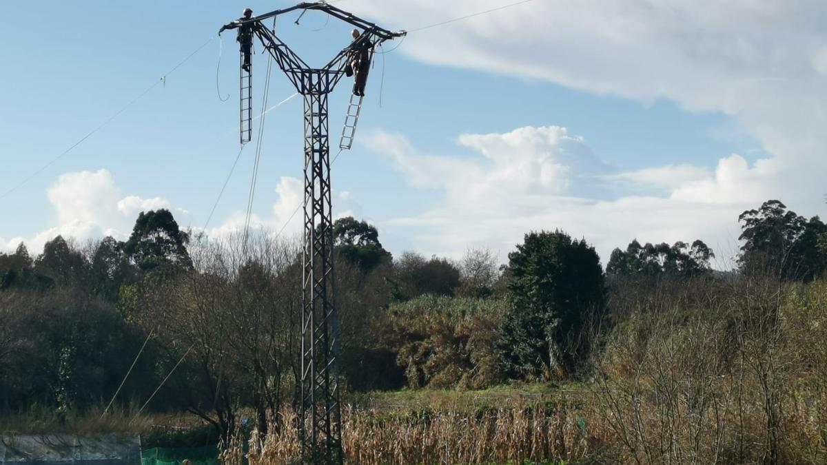 Operarios arreglando la avería en el tendido eléctrico de Ameixoada, en Moaña.