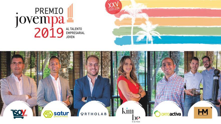 Empresarios finalistas que optan al Premio JOVEMPA 2019. De izquierda a Derecha: Raúl Jiménez, José Antonio Rodríguez, Manuel Milán, Kim Fermisson, Guillem Carrión  y David y Javier Miró.