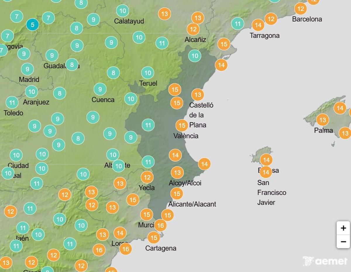 Temperaturas máximas para el domingo en la Comunitat Valenciana.